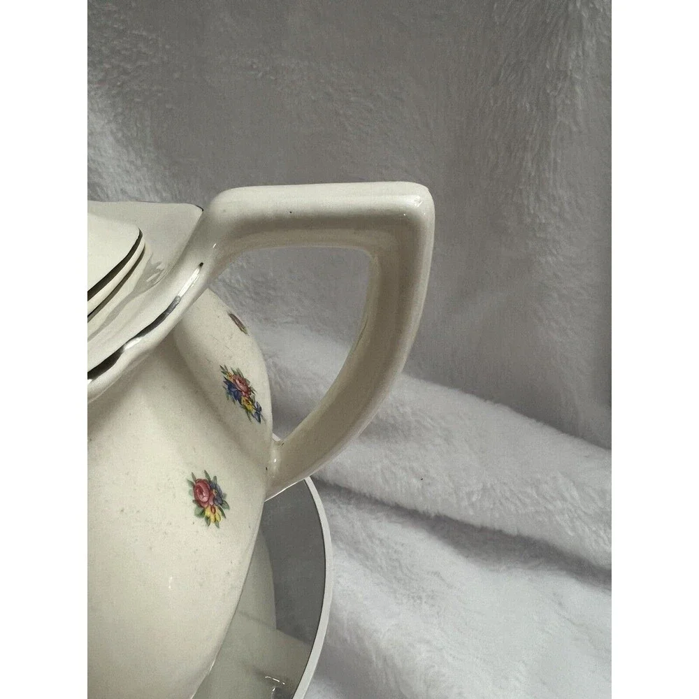 Teapot - W S George Lido Canarytone   Floral Silver Trim USA- crazing at bottom - Picture 7 of 13